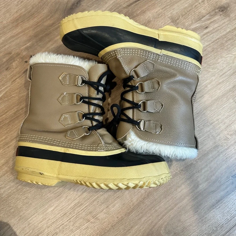 Sorel‎ Caribou Snow Boots Women 9 Tan Leather Waterproof Winter Duck Boots VTG